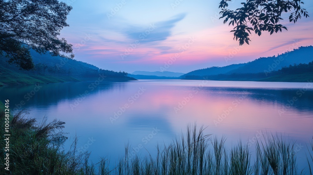 Obraz premium A beautiful view of Lam Takhong Reservoir during a tranquil evening.