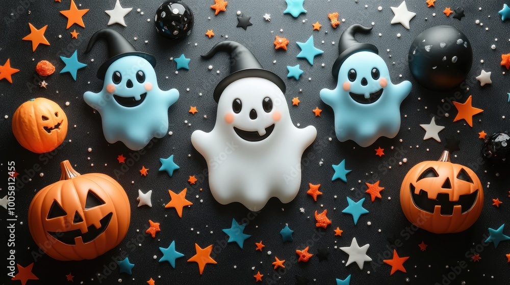 A cute and vibrant Halloween photo frame adorned with cheerful skeletons, candy, and twinkling stars, with a large white space in the middle for photos A cute and vibrant Halloween photo frame adorned with cheerful skeletons, candy, and twinkling stars, with a large white space in the middle for photos