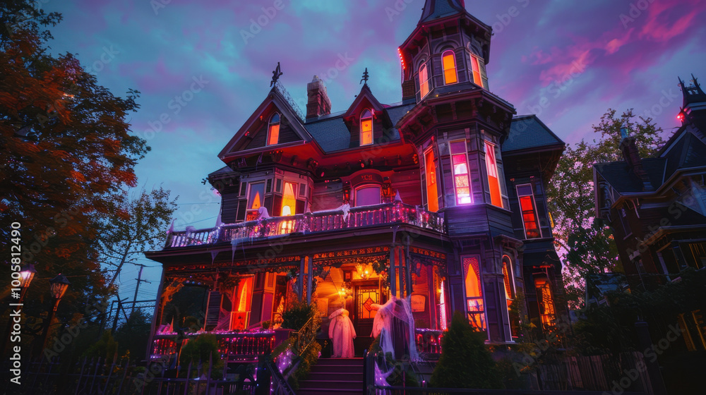 stunning Victorian mansion illuminated at dusk, showcasing intricate architecture and vibrant colors. enchanting atmosphere evokes sense of mystery and charm stunning Victorian mansion illuminated at dusk, showcasing intricate architecture and vibrant colors. enchanting atmosphere evokes sense of mystery and charm