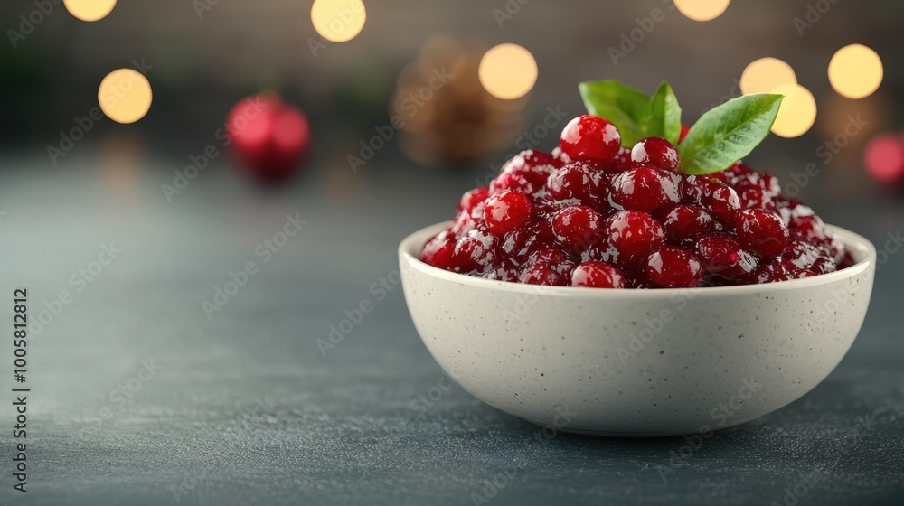 A bowl of cranberry sauce garnished with fresh leaves on a festive background. A bowl of cranberry sauce garnished with fresh leaves on a festive background.
