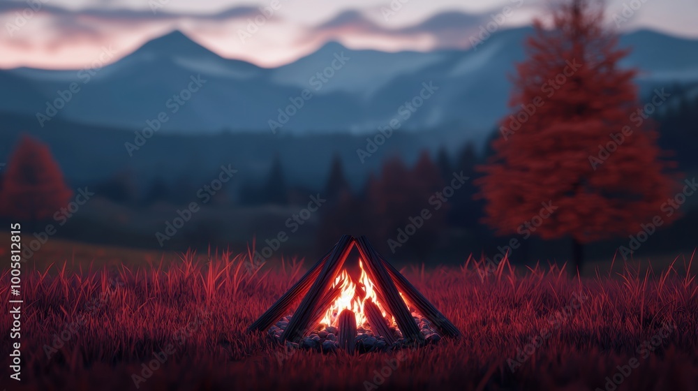 A cozy campfire surrounded by vibrant autumn scenery at dusk. A cozy campfire surrounded by vibrant autumn scenery at dusk.