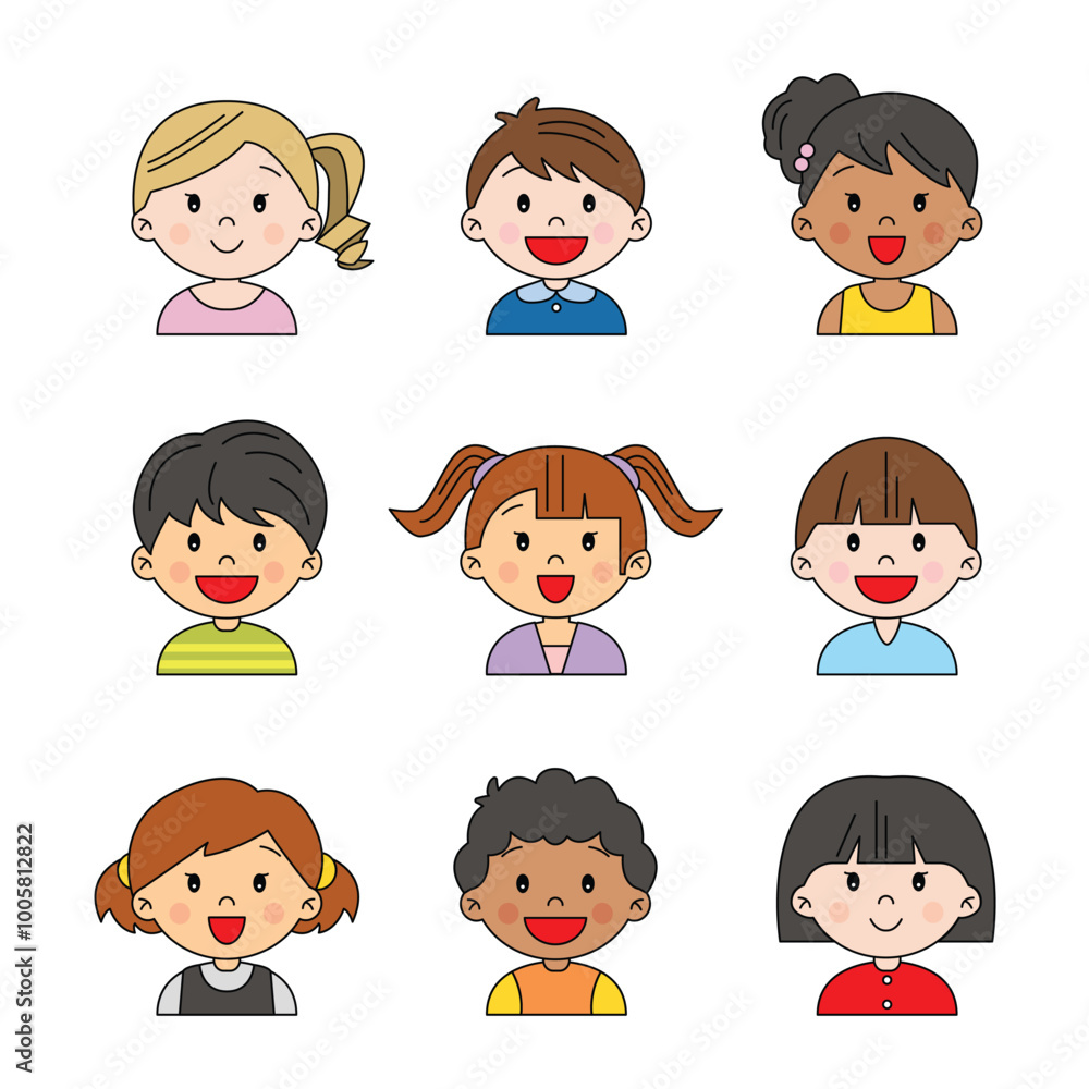 Group of children upper body head shot happy and smiling in different races cute kawaii illustration japanese cartoon style drawing decorative isolated vector Group of children upper body head shot happy and smiling in different races cute kawaii illustration japanese cartoon style drawing decorative isolated vector