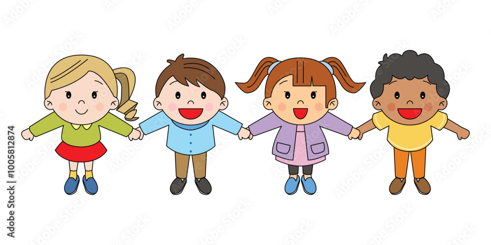 Children holding hands looking up happy and smiling in different races cute kawaii illustration japanese cartoon style drawing decorative isolated vector