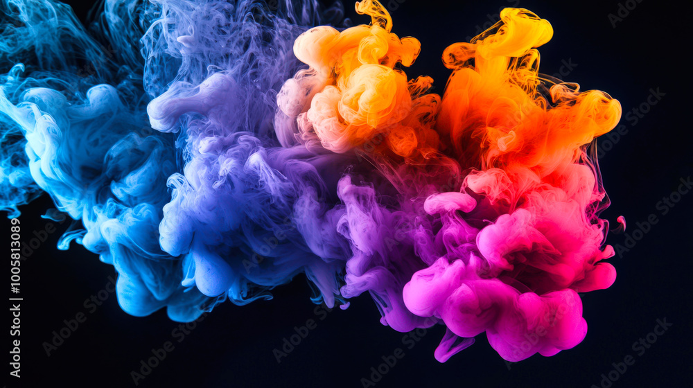Obraz premium A bright chemical cloud burst. Multicolored clouds of smoke on a black background. Blue, orange, pink and purple ink mix in the air. The abstract smoke cloud turns out to be very thick