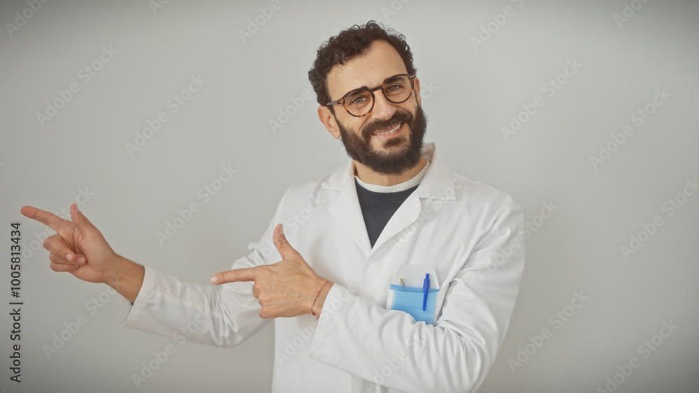 Smiling bearded man in lab coat pointing to side against white background Smiling bearded man in lab coat pointing to side against white background