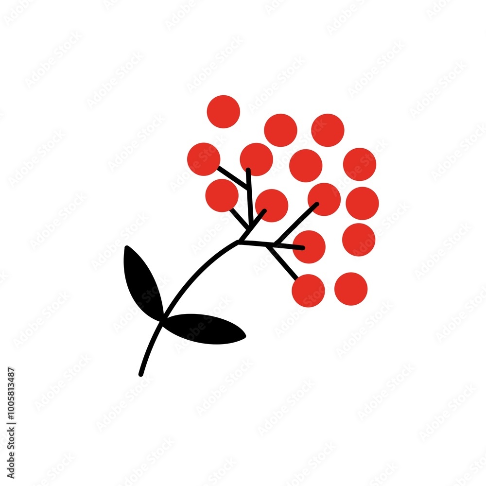 Minimalist illustration of a black branch with two leaves and a cluster of red berries. Simple shapes, no shadows, created in flat design on a white background. Minimalist illustration of a black branch with two leaves and a cluster of red berries. Simple shapes, no shadows, created in flat design on a white background.