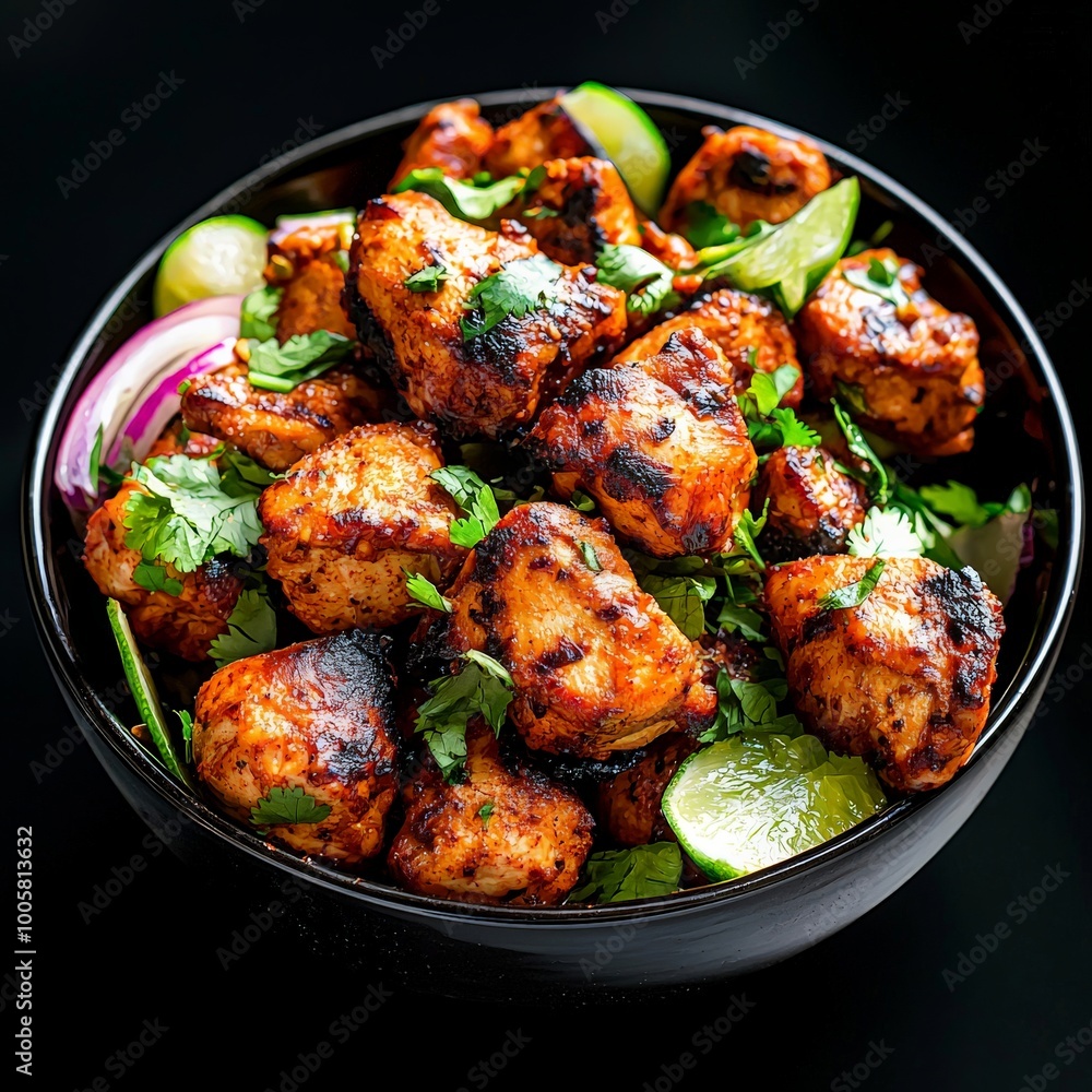 Studio lighting shining on a bowl of chicken tikka, highlighting the tender, marinated pieces of meat with bright colors and a glossy finish. Studio lighting shining on a bowl of chicken tikka, highlighting the tender, marinated pieces of meat with bright colors and a glossy finish.