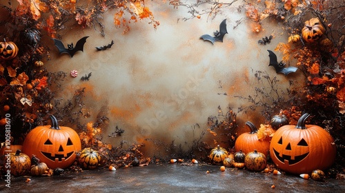 A Halloween-themed photo frame design with bright and cheerful pumpkins, bats, and candy corn adorning the corners, leaving a large white space inside for photos