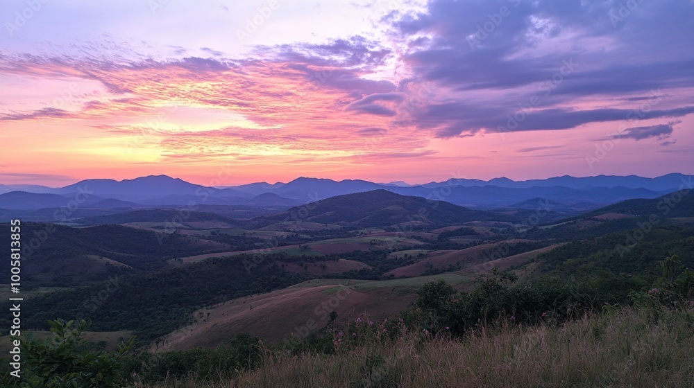 Obraz premium A peaceful sunset at the scenic Wang Nam Khiao hills, with vibrant skies and rolling landscapes.
