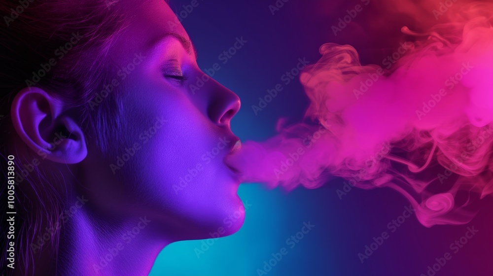 Fototapeta premium Woman is smoking a cigarette and the smoke is purple. The image has a mood of relaxation and leisure