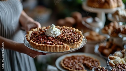 A Hand Holds a Slice of Pecan Pie with Whipped Cream