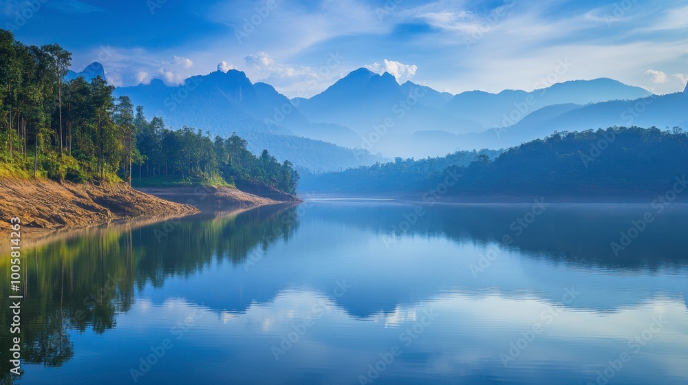 A scenic view of Lam Takhong Dam, with the reservoir reflecting the mountains. A scenic view of Lam Takhong Dam, with the reservoir reflecting the mountains.