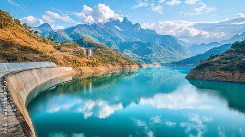 A scenic view of Lam Takhong Dam, with the reservoir reflecting the mountains.