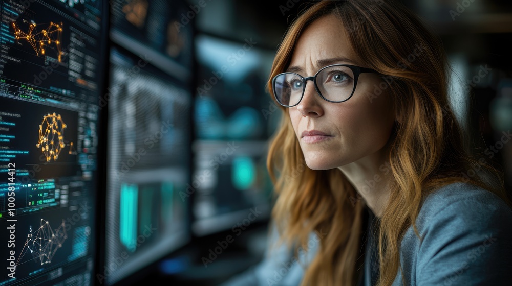 A woman scientist in a cutting-edge research facility, interacting with a virtual molecular model on a computer, assisted by AI-driven software, with a backdrop of digital screens and lab apparatus A woman scientist in a cutting-edge research facility, interacting with a virtual molecular model on a computer, assisted by AI-driven software, with a backdrop of digital screens and lab apparatus