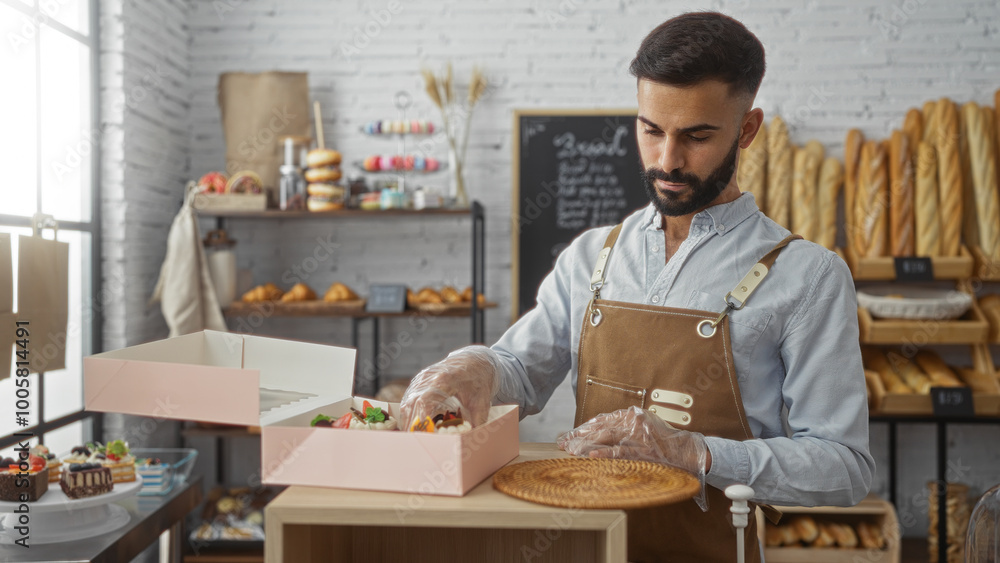 Young, hispanic man with a beard preparing a pink cake box at a bakery's interior shop wearing a brown apron and plastic gloves Young, hispanic man with a beard preparing a pink cake box at a bakery's interior shop wearing a brown apron and plastic gloves