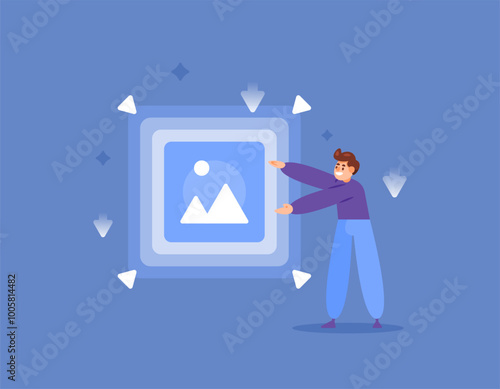 concept of compress and resize image size. services and technology to reduce photo size. illustration of user resizing an image. flat style design. elements