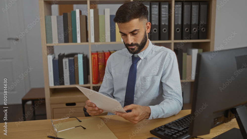 Handsome young hispanic man with beard reading document in professional office setting with bookshelf and computer Handsome young hispanic man with beard reading document in professional office setting with bookshelf and computer