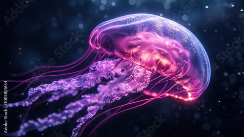 A jellyfish with a pink and purple body is floating in the water