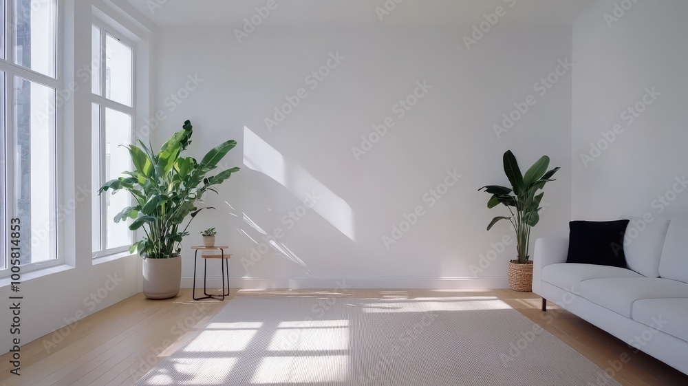 A bright, minimalistic living space featuring a white wall, light wood floor, plants, and a cozy sofa with decorative pillows. A bright, minimalistic living space featuring a white wall, light wood floor, plants, and a cozy sofa with decorative pillows.