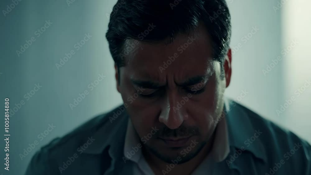 Pensive man in deep thought with furrowed brow in low light setting Pensive man in deep thought with furrowed brow in low light setting