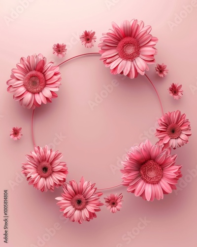 Pink gerbera flowers on light pink background with frame and copyspace for your text