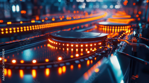 vibrant scene of illuminated conveyor belts showcases futuristic industrial setting, with glowing orange lights creating dynamic atmosphere