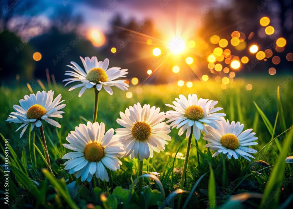 Vibrant daisies bloom brightly among rich green grass, painting a sunny outdoor landscape with joy and color, inviting Vibrant daisies bloom brightly among rich green grass, painting a sunny outdoor landscape with joy and color, inviting