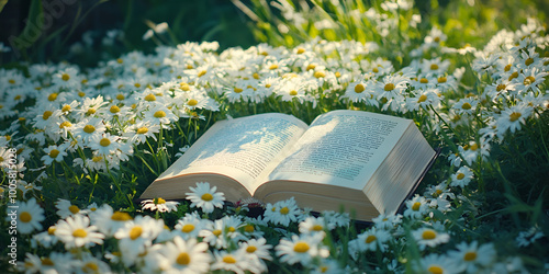 Open Book Surrounded by Blooming Daisies in Sunlit Field