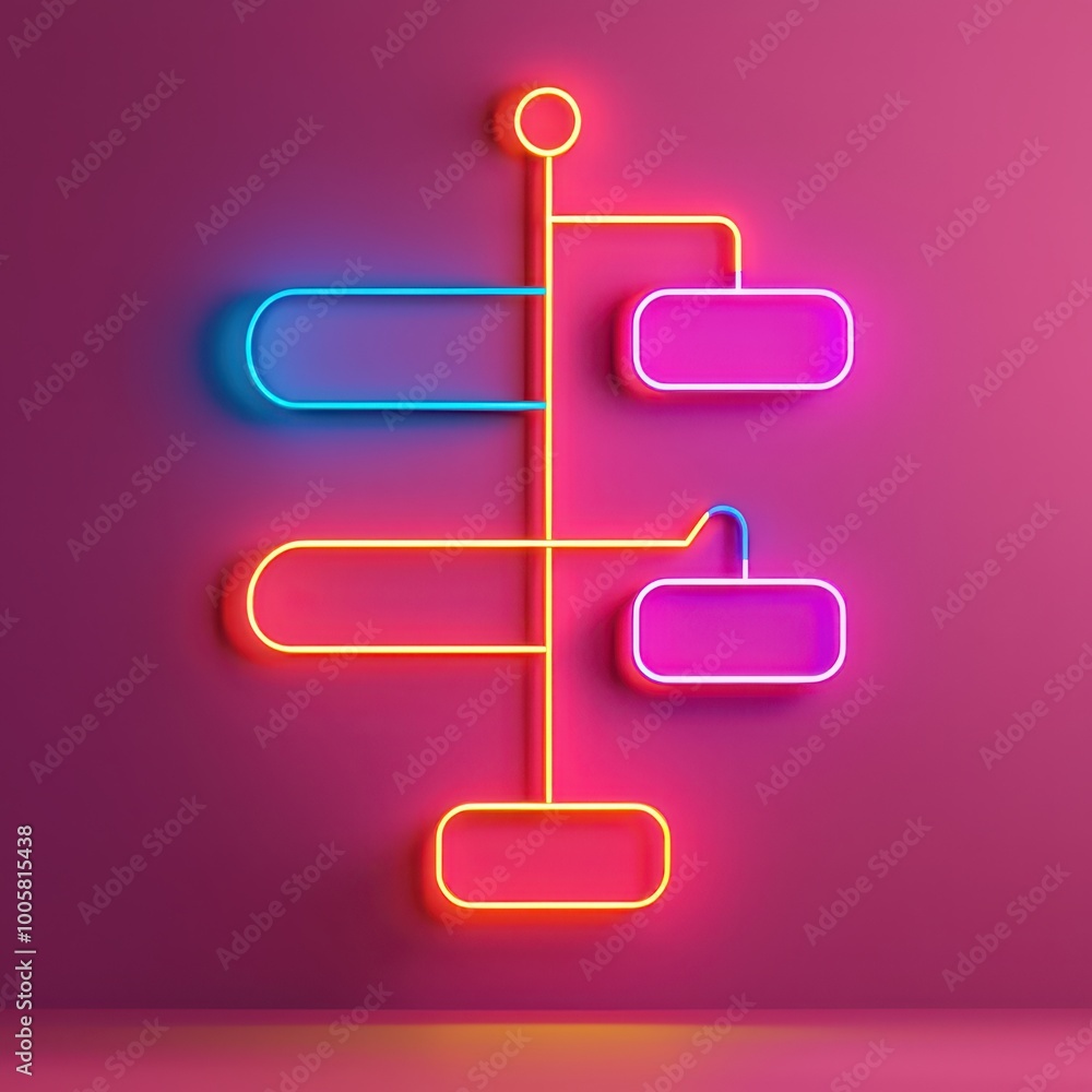 Obraz premium A vibrant neon flowchart design with colorful paths and nodes against a pink background, showcasing innovative diagrammatic representation.