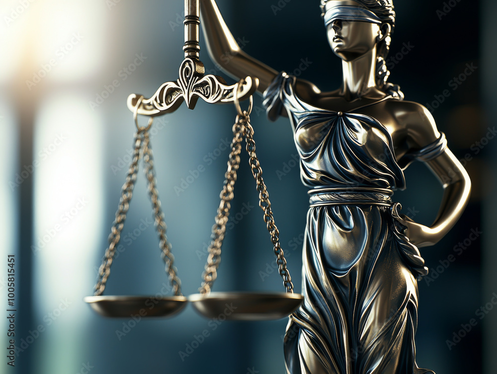 A statue of a woman with a blindfold on top of a scale. The statue is made of metal and is very detailed. The statue is meant to represent justice and the idea of weighing evidence A statue of a woman with a blindfold on top of a scale. The statue is made of metal and is very detailed. The statue is meant to represent justice and the idea of weighing evidence