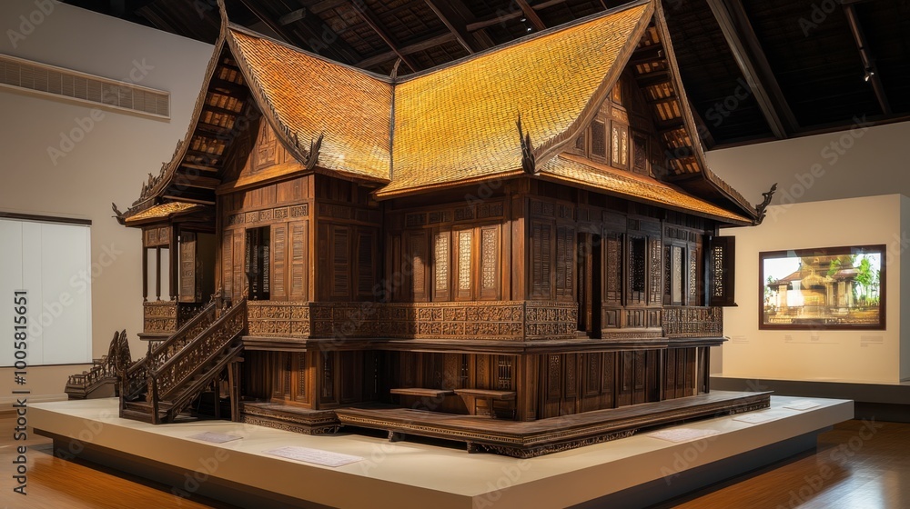 A traditional wooden house on display at the Maha Viravong National Museum. A traditional wooden house on display at the Maha Viravong National Museum.