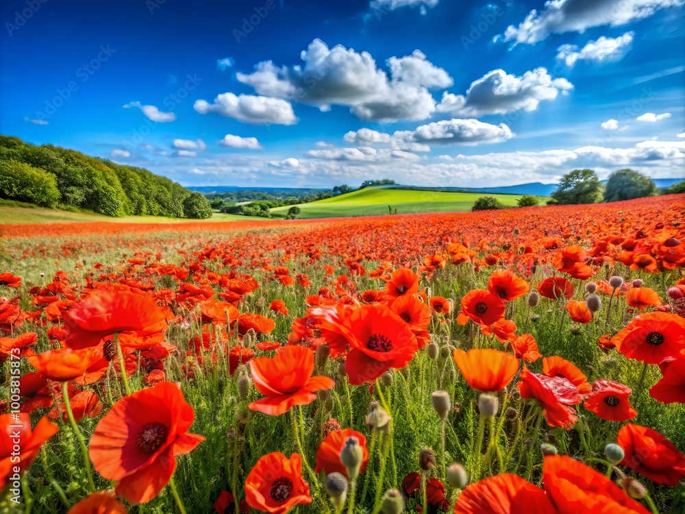 Vivid poppies bloom across agricultural land, creating a stunning mosaic under a clear blue sky, celebrating the bright Vivid poppies bloom across agricultural land, creating a stunning mosaic under a clear blue sky, celebrating the bright