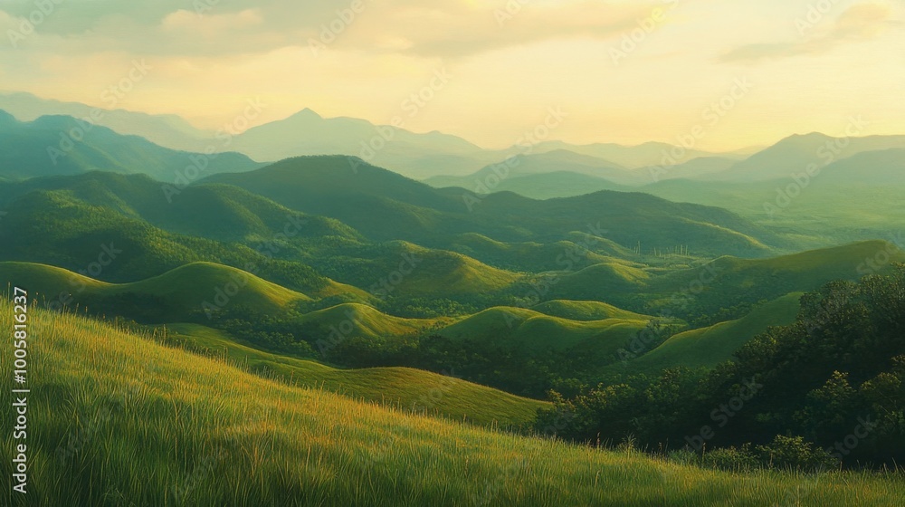 Naklejka premium A wide view of the rolling hills at Wang Nam Khiao during the golden hour.