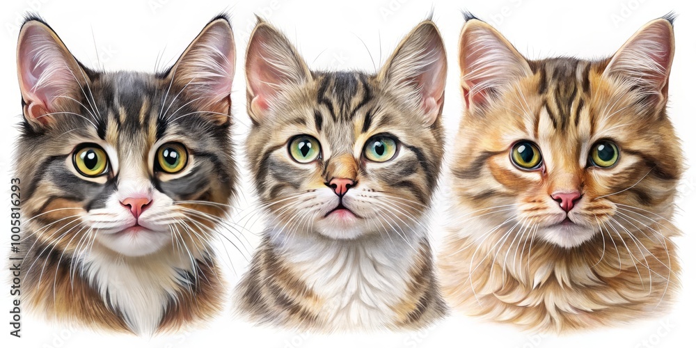 Whimsical hand-drawn cat faces highlight playful kittens in enchanting poses and expressions, radiating sweetness and Whimsical hand-drawn cat faces highlight playful kittens in enchanting poses and expressions, radiating sweetness and