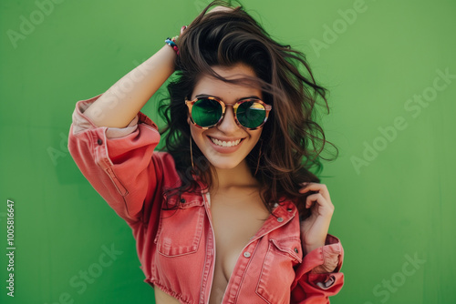 Vibrant fashionable woman smiling in stylish sunglasses on green background trendy outdoor portrait with cheerful expression