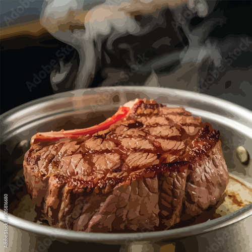 Delicious beef steak in a dish with hot steam. A juicy beef steak, browned in color, exudes a delicious aroma in a dish. Streams of hot steam from its surface.