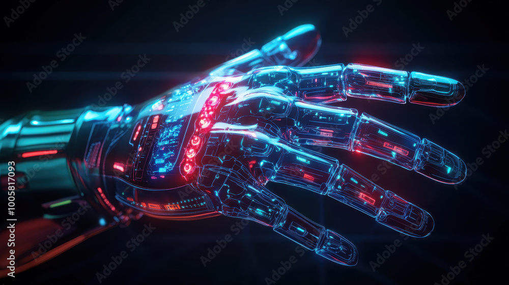 Naklejka premium futuristic robotic hand with intricate circuitry and glowing lights showcases advanced technology and innovation. design reflects blend of art and science, evoking sense of wonder