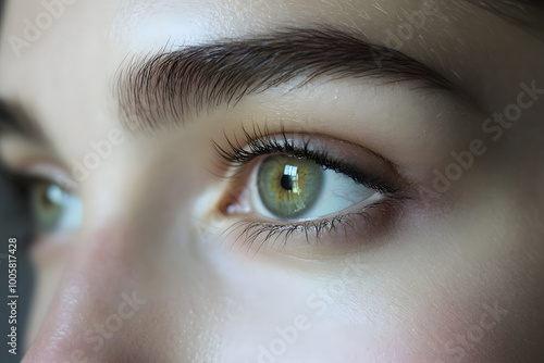 Close up of beautiful green eyes of a woman with natural makeup