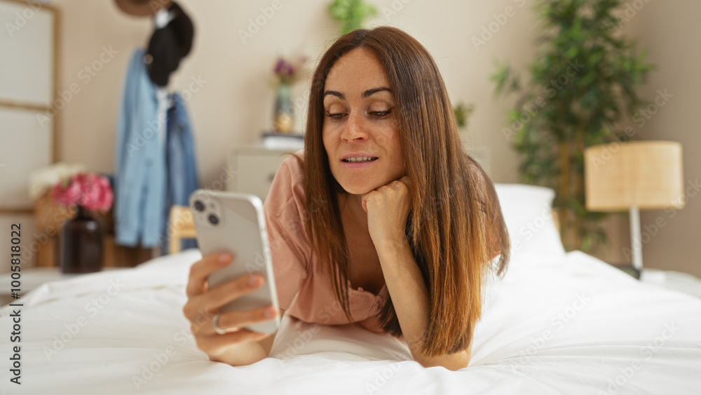 Young woman using smartphone while lying on bed in a cozy bedroom interior at home Young woman using smartphone while lying on bed in a cozy bedroom interior at home
