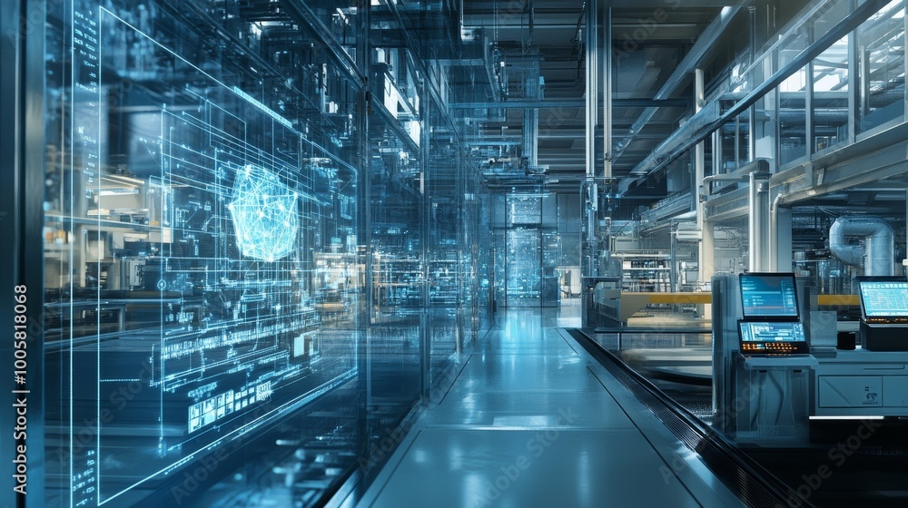 Futuristic Industrial Factory with Digital Interface. Futuristic Industrial Factory with Digital Interface.