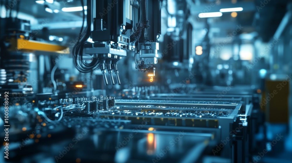 Industrial Robotic Arm Assembling Electronic Circuit Board. Industrial Robotic Arm Assembling Electronic Circuit Board.