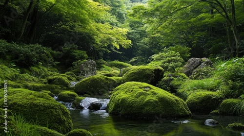 Lush green moss blankets the large boulders in the Rock Garden at Mt. Mitake, with a clear stream flowing gently through the serene forest valley in Ome, Tokyo.