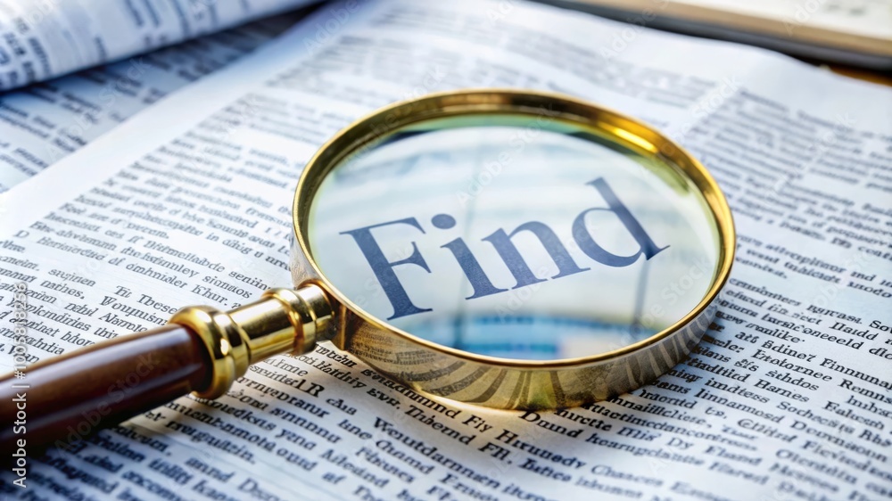 Discovering Knowledge: A Magnifying Glass Highlighting the Word 'Find' Among Printed Text Discovering Knowledge: A Magnifying Glass Highlighting the Word 'Find' Among Printed Text