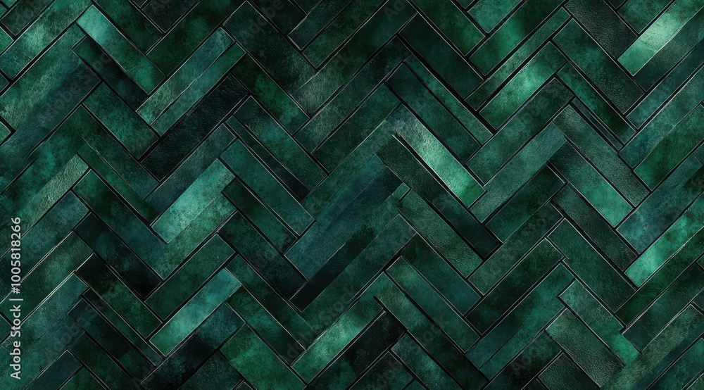 A herringbone pattern made of jade material, with green hues and a dark background. The design features intricate details in the shape of interlocking tiles A herringbone pattern made of jade material, with green hues and a dark background. The design features intricate details in the shape of interlocking tiles