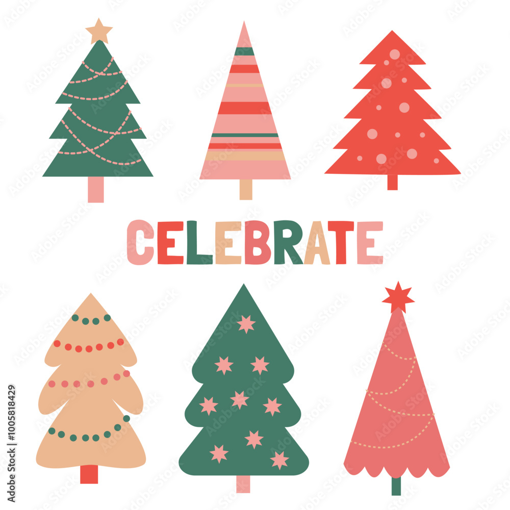 set of abstract holiday trees of different colors on a white background