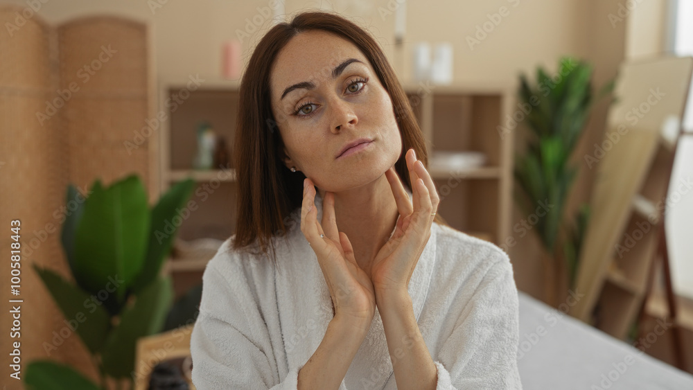 Young woman with brunette hair in a white robe is touching her face indoors at a spa wellness center with plants and wooden shelves in the background Young woman with brunette hair in a white robe is touching her face indoors at a spa wellness center with plants and wooden shelves in the background