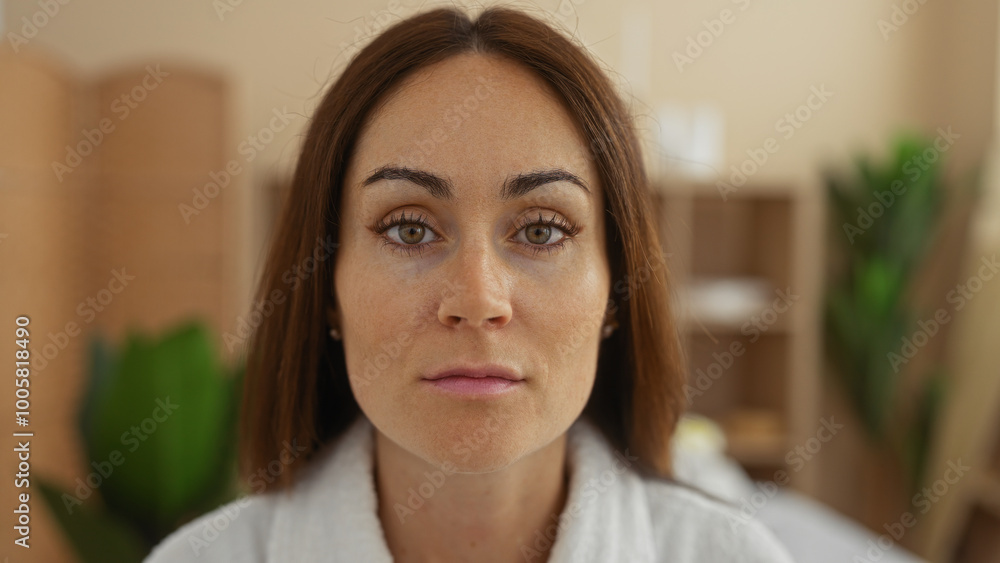 Woman with brunette hair in a wellness center or spa room, with a focused expression, appealing and calm indoor atmosphere, surrounded by plants and wooden decor. Woman with brunette hair in a wellness center or spa room, with a focused expression, appealing and calm indoor atmosphere, surrounded by plants and wooden decor.