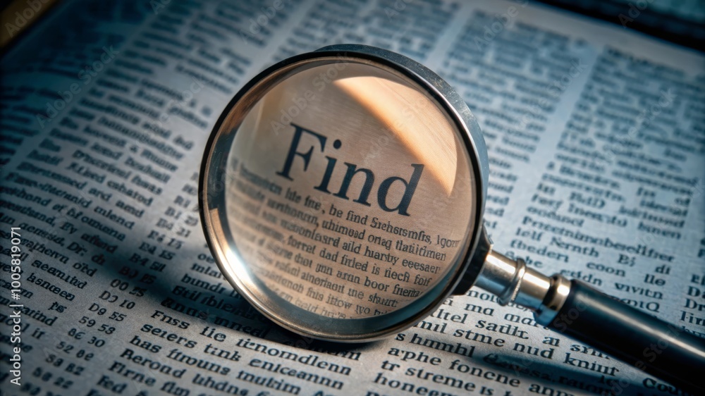 Discovering Knowledge: A Magnifying Glass Highlighting the Word 'Find' Among Printed Text Discovering Knowledge: A Magnifying Glass Highlighting the Word 'Find' Among Printed Text