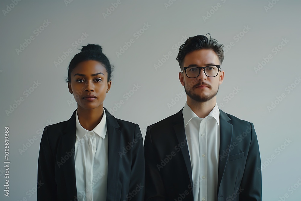 A professional portrait of a diverse business duo, a woman and a man, both dressed in formal attire against a neutral background. A professional portrait of a diverse business duo, a woman and a man, both dressed in formal attire against a neutral background.
