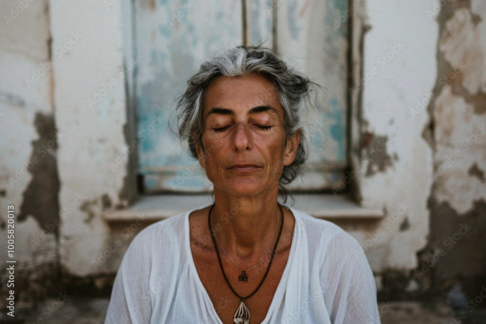A grey-haired woman meditates profoundly against a beautifully rustic wall, emanating a sense of timelessness and introspective tranquility. A grey-haired woman meditates profoundly against a beautifully rustic wall, emanating a sense of timelessness and introspective tranquility.